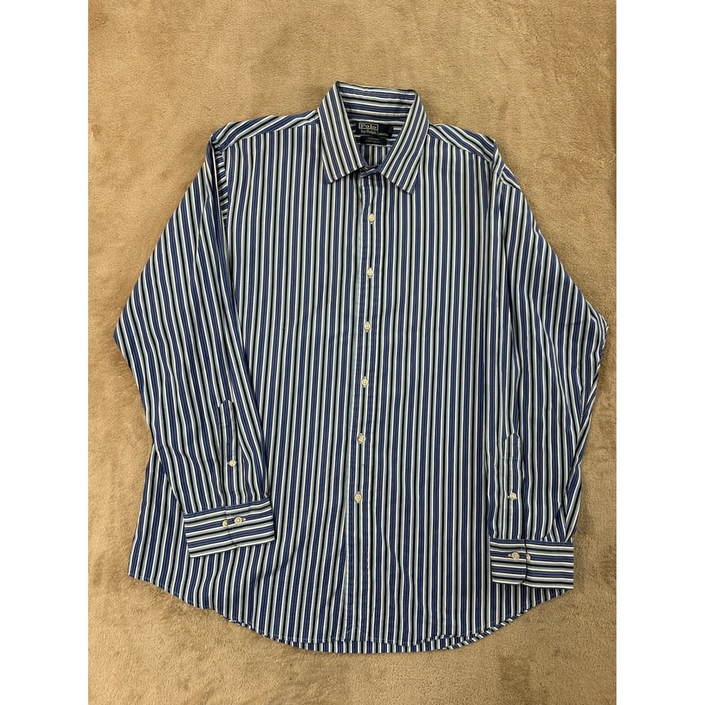 Vintage Polo Ralph Lauren Curham Custom Fit Shirt‎ Mens 18 34/35 striped Blue